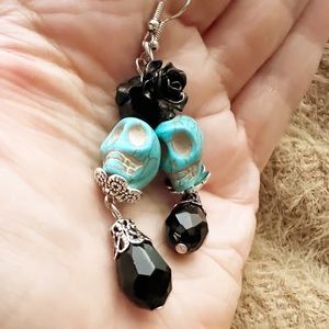 Ghoulish Faux Turquoise and Black Bead Earrings